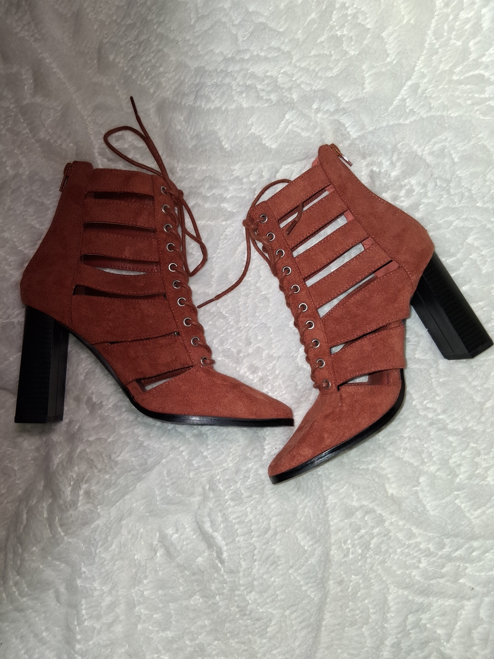Rust Suede Lace-Up Cutout Block Heel Booties